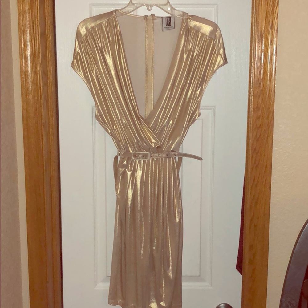 Signature Shoe Dazzle Belted Gold Dress
